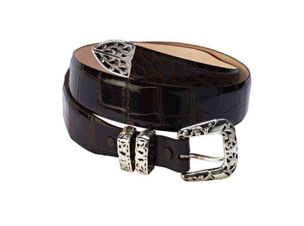 BREDAL / CRESCENT Luxury belts men Glossy Brown m/ sølvspenne / 34/86 Crescent Glossy Alligator - Tapered